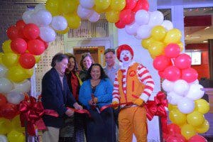 (LEFT TO RIGHT) Mark Gompels; Nina Gompels; Gloria Brack-Ford, SCCPSS; Kim Newman, Isle of Hope School Principal; Anjanie Gaouette, Store Manager; Larry Tate, Area Supervisor; and Ronald McDonald cut ribbon on new Montgomery Cross Rd location.